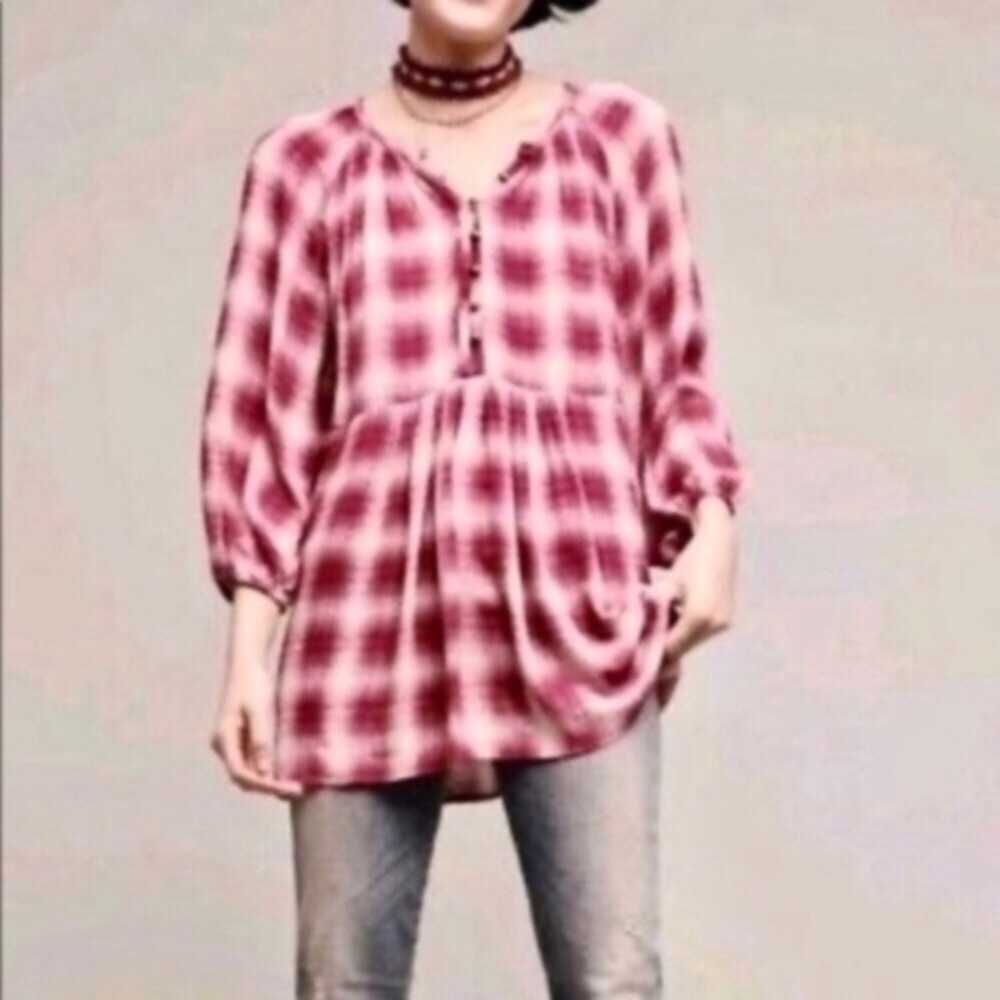Anthropologie Maeve Calavan Plaid Peasant Blouse Pink Rayon Petite Medium